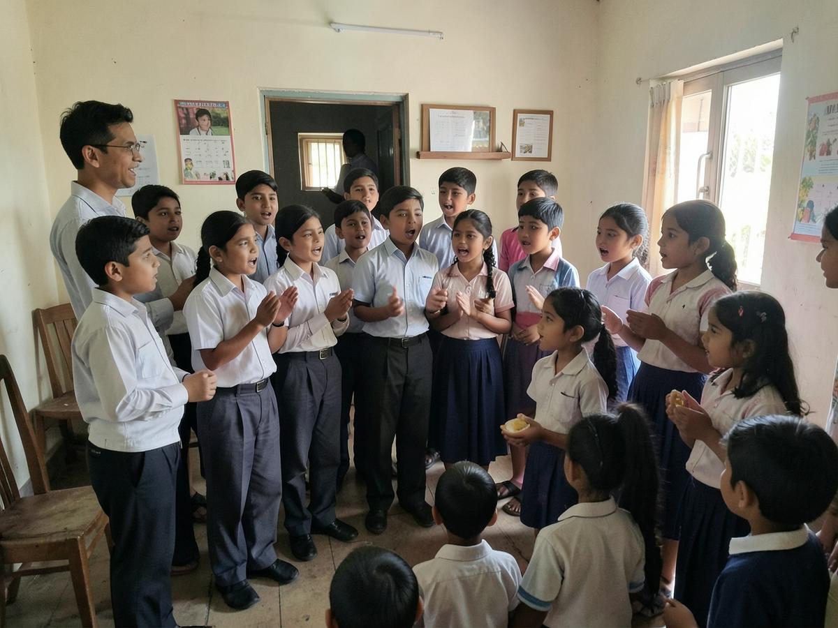 Students singing together with their teacher