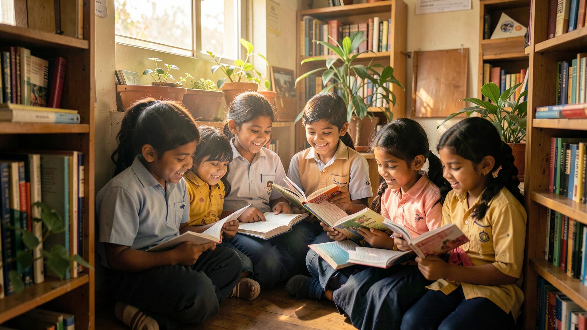Children reading books together in the school reading corner